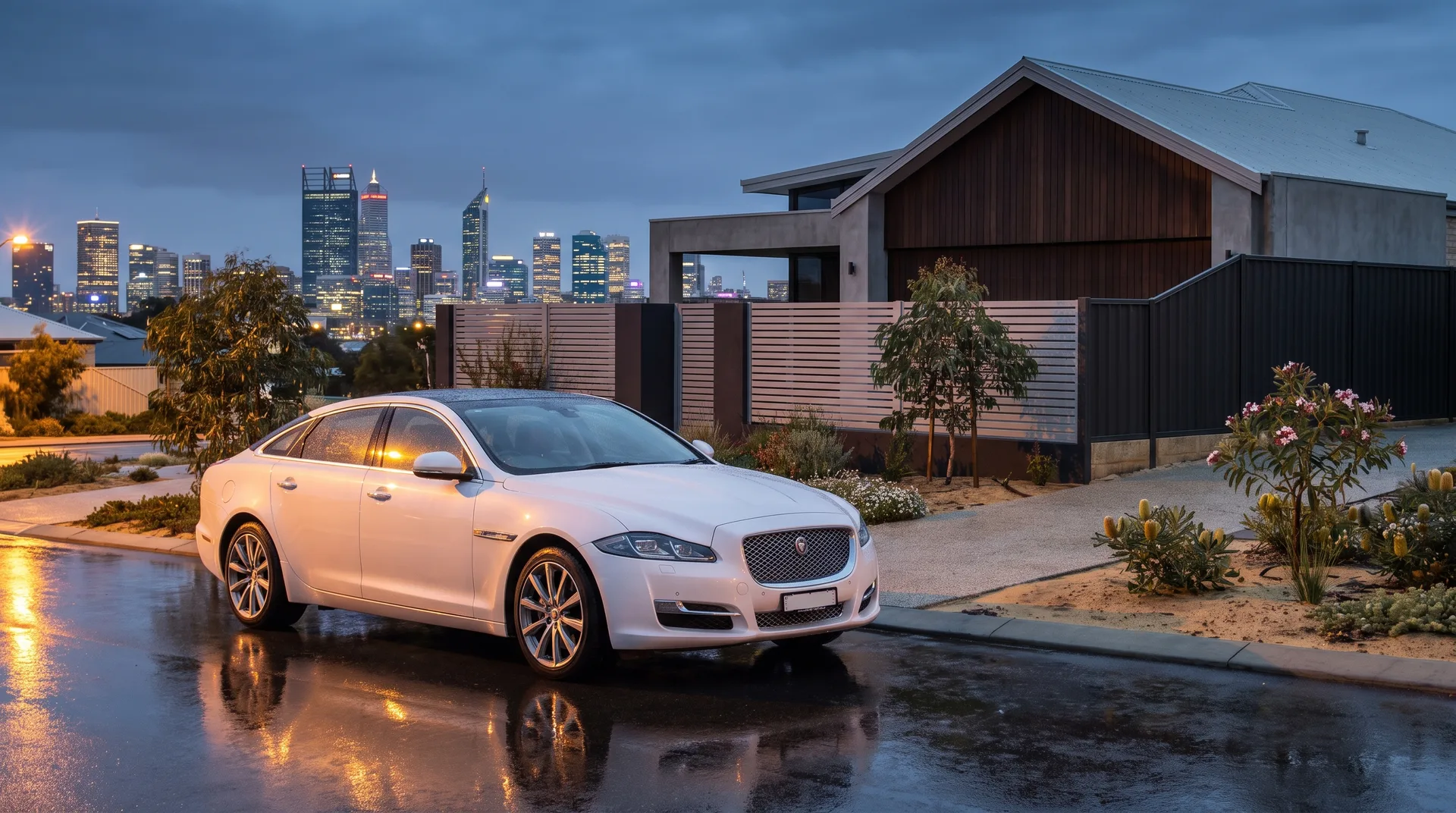 Editorial dusk car photography of a white luxury sedan on wet asphalt in Perth, WA